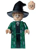 Minifigurka: HP473:  Professor Minerva McGonagall - Dark Green Robe over Black Dress, Hat with Hair, Printed Arms