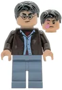 Minifigurka: HP528:  Harry Potter - Dark Brown Open Jacket, Sand Blue Legs, Bright Pink Stinging Jinx Face