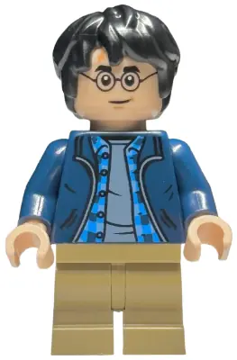 HP544:  Harry Potter - Dark Blue Open Jacket over Plaid Shirt with Collar and Sand Blue Shirt, Dark Tan Medium Legs