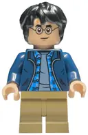 Minifigurka: HP544:  Harry Potter - Dark Blue Open Jacket over Plaid Shirt with Collar and Sand Blue Shirt, Dark Tan Medium Legs