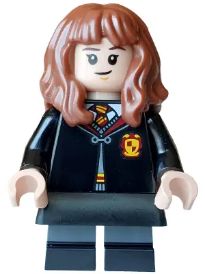 HP617:  Hermione Granger - Gryffindor Robe Clasped, Black Skirt, Black Short Legs with Dark Bluish Gray Stripes, Grin / Cat Face