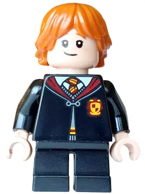 HP628:  Ron Weasley - Gryffindor Robe Clasped, Sweater, Shirt and Tie, Black Short Legs, Lopsided Grin / Scared Open Mouth, Cheek Lines