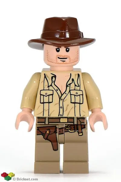 IAJ020:  Indiana Jones - Tan Open Collar Shirt, Reddish Brown Fedora, Closed Mouth Lopsided Grin