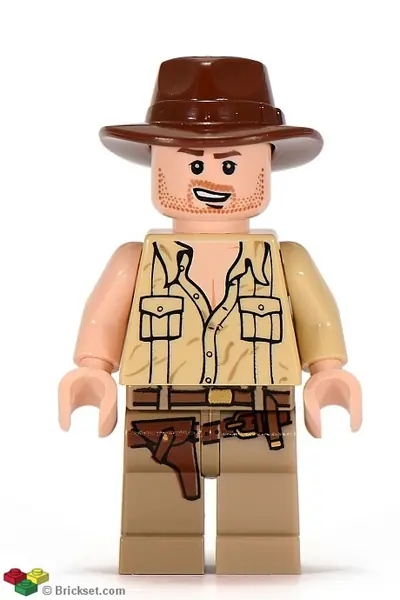 IAJ033:  Indiana Jones - Tan Open Collar Shirt, Reddish Brown Fedora, Open Mouth Lopsided Grin