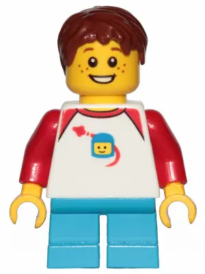 IDEA051:  Boy, Freckles, Classic Space Shirt with Red Sleeves, Dark Azure Short Legs, Reddish Brown Hair Short Tousled with Side Part