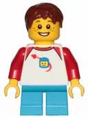 Minifigurka: IDEA051:  Boy, Freckles, Classic Space Shirt with Red Sleeves, Dark Azure Short Legs, Reddish Brown Hair Short Tousled with Side Part