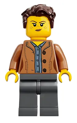 IDEA053:  Mom, Freckles, Medium Nougat Jacket, Dark Brown Hair Swept Left Tousled