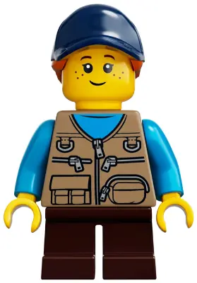 IDEA054:  Child - Girl, Dark Tan Vest over Dark Azure Shirt, Dark Brown Short Legs, Dark Blue Cap with Dark Orange Ponytail, Freckles