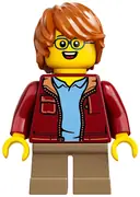 Minifigurka: IDEA055:  Child - Boy, Dark Red Jacket, Dark Tan Short Legs, Dark Orange Tousled Hair, Glasses