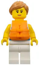 Minifigurka: IDEA098:  Sailor - Female, Dark Azure and White Striped Shirt with Red Scarf, White Legs, Medium Nougat Ponytail, Orange Life Jacket