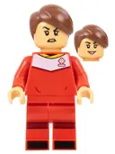 Minifigurka: IDEA125:  Soccer Player, Female, Red Uniform, Medium Tan Skin, Reddish Brown Smooth Parted Hair