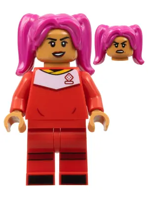 IDEA127:  Soccer Player, Female, Red Uniform, Medium Nougat Skin, Magenta Hair