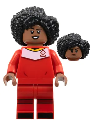 IDEA129:  Soccer Player, Female, Red Uniform, Medium Brown Skin, Black Bushy Hair