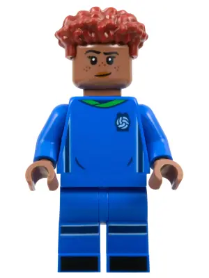IDEA132:  Soccer Player, Female, Blue Uniform, Medium Brown Skin, Dark Red Hair