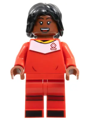 IDEA135:  Soccer Player, Female, Red Uniform, Reddish Brown Skin, Black Hair