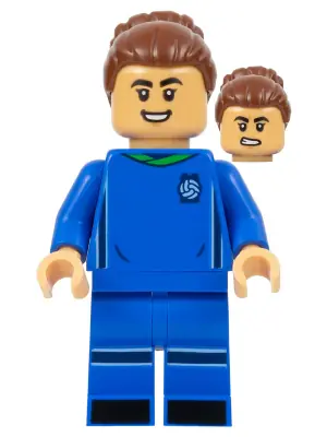 IDEA136:  Soccer Player, Female, Blue Uniform, Medium Tan Skin, Reddish Brown Bun
