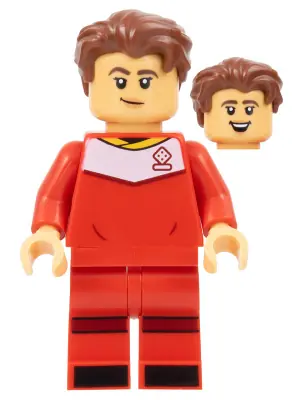 IDEA137:  Soccer Player, Female, Red Uniform, Medium Tan Skin, Reddish Brown Wavy Hair