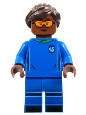IDEA138:  Soccer Player, Female, Blue Uniform, Reddish Brown Skin, Dark Brown Hair, Orange Goggles
