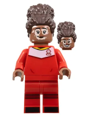 IDEA139:  Soccer Player, Female, Red Uniform, Medium Brown Skin, Dark Brown Updo, Vitiligo