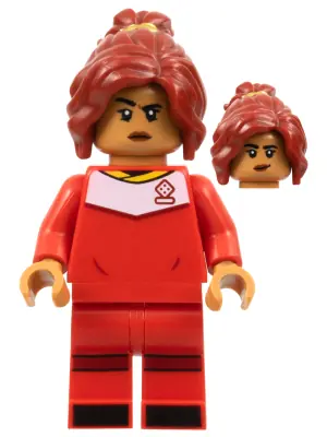 IDEA141:  Soccer Player, Female, Red Uniform, Medium Nougat Skin, Dark Red Ponytail