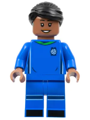 IDEA144:  Soccer Player, Female, Blue Uniform, Medium Brown Skin, Black Hair, Hearing Aid