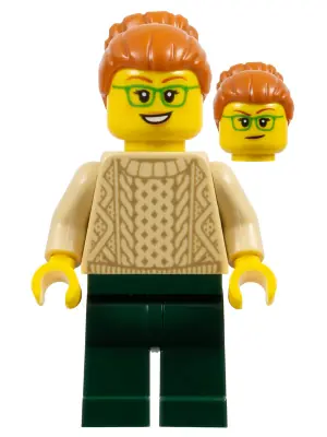 IDEA148:  Camper - Female, Dark Orange Hair, Glasses, Tan Sweater, Dark Green Legs