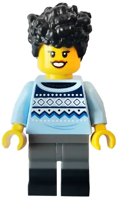 IDEA149:  Camper - Female, Bright Light Blue Knit Fair Isle Sweater, Dark Bluish Gray Legs with Black Boots, Black Hair