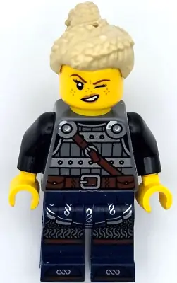 IDEA170:  Viking Shield-Maiden - Dark Bluish Gray and Silver Armor, Dark Blue Legs with Trim, Tan Hair