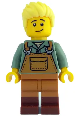 IDEA203:  Gardener - Male, Medium Nougat Overalls over Sand Green Shirt, Reddish Brown Boots, Bright Light Yellow Hair