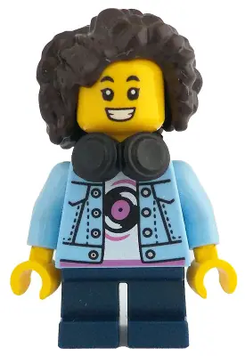 IDEA204:  Child - Girl, Bright Light Blue Denim Jacket over Shirt with Record, Dark Blue Short Legs, Dark Brown Short Hair with Curls and Corn Rows, Black Headphones