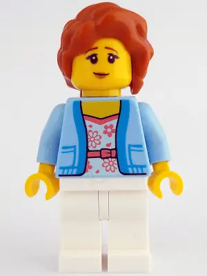 IDEA206:  Woman - Bright Light Blue Jacket over White Shirt with Coral Flowers, White Legs, Dark Orange Hair with Braid