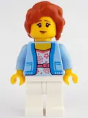 Minifigurka: IDEA206:  Woman - Bright Light Blue Jacket over White Shirt with Coral Flowers, White Legs, Dark Orange Hair with Braid