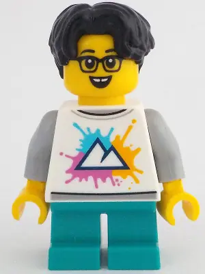 IDEA207:  Child - Boy, White Shirt with Mountains Logo, Dark Turquoise Short Legs, Black Hair Wavy, Glasses