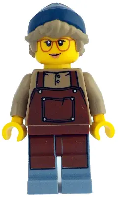 IDEA208:  Barista - Female, Reddish Brown Apron, Dark Blue Beanie, Dark Tan Hair, Glasses