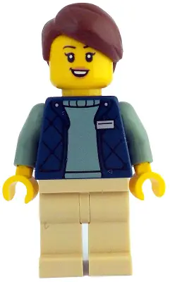 IDEA209:  Botanical Garden Manager - Female, Dark Blue Bodywarmer over Sand Green Sweater, Tan Legs, Reddish Brown Hair