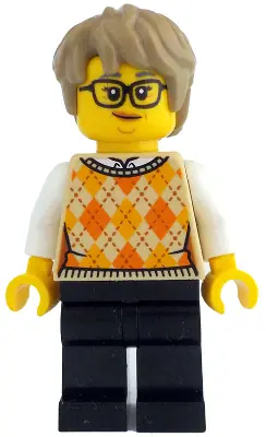 IDEA210:  Woman - Tan Knit Argyle Sweater Vest, Black Legs, Dark Tan Thick Messy Hair, Glasses