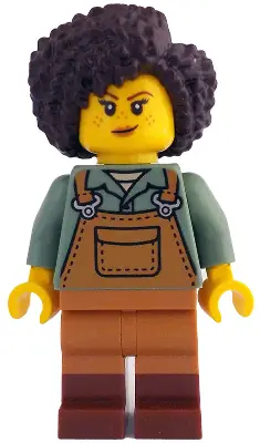 IDEA212:  Gardener - Female, Medium Nougat Overalls over Sand Green Shirt, Reddish Brown Boots, Dark Brown Hair