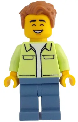 IDEA213:  Man - Yellowish Green Jacket over White Shirt, Sand Blue Legs, Medium Nougat Tousled Hair