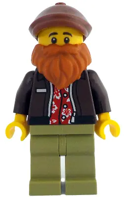 IDEA214:  Photographer - Male, Dark Brown Jacket over Red Hawaiian Shirt, Olive Green Legs, Reddish Brown Flat Cap, Dark Orange Beard