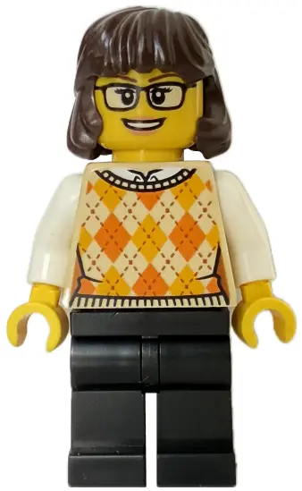 IDEA215:  Woman - Tan Knit Argyle Sweater Vest, Black Legs, Dark Brown Hair, Glasses