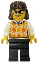 Minifigurka: IDEA215:  Woman - Tan Knit Argyle Sweater Vest, Black Legs, Dark Brown Hair, Glasses