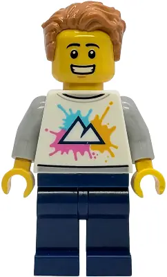 IDEA240:  Tourist - White Shirt with Mountains Logo, Dark Blue Legs, Medium Nougat Tousled Hair
