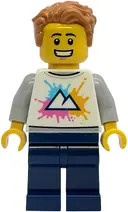 Minifigurka: IDEA240:  Tourist - White Shirt with Mountains Logo, Dark Blue Legs, Medium Nougat Tousled Hair