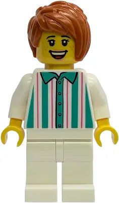IDEA241:  Gelato Shop Owner - Female, White Shirt with Stripes and Legs, Dark Orange Hair