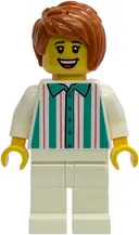 Minifigurka: IDEA241:  Gelato Shop Owner - Female, White Shirt with Stripes and Legs, Dark Orange Hair