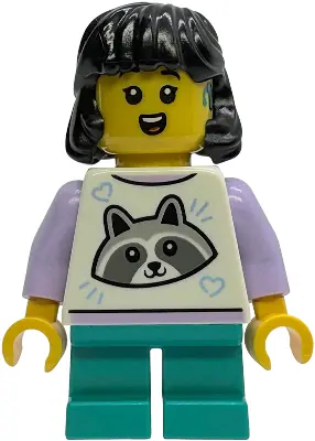 IDEA243:  Child - Girl, White Top with Raccoon, Dark Turquoise Short Legs, Black Midlength Hair, Hearing Aid