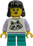 Minifigurka: IDEA243:  Child - Girl, White Top with Raccoon, Dark Turquoise Short Legs, Black Midlength Hair, Hearing Aid