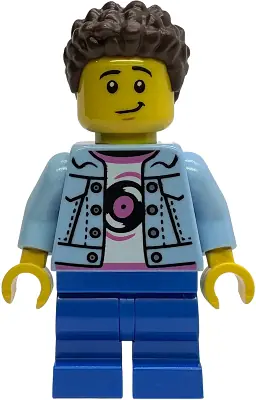 IDEA244:  Child - Boy, Grandson, Bright Light Blue Denim Jacket over Shirt with Record, Blue Medium Legs, Dark Brown Coiled Short Hair