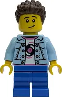 Minifigurka: IDEA244:  Child - Boy, Grandson, Bright Light Blue Denim Jacket over Shirt with Record, Blue Medium Legs, Dark Brown Coiled Short Hair