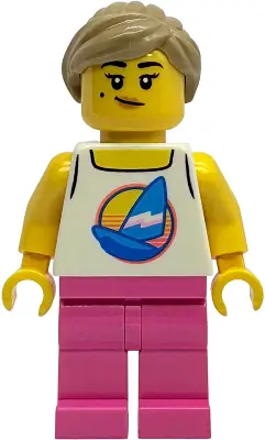 IDEA246:  Diving Shop Owner - Female, White Tank Top with Dark Azure Sailboat, Dark Pink Legs, Dark Tan Hair with Pony Tail